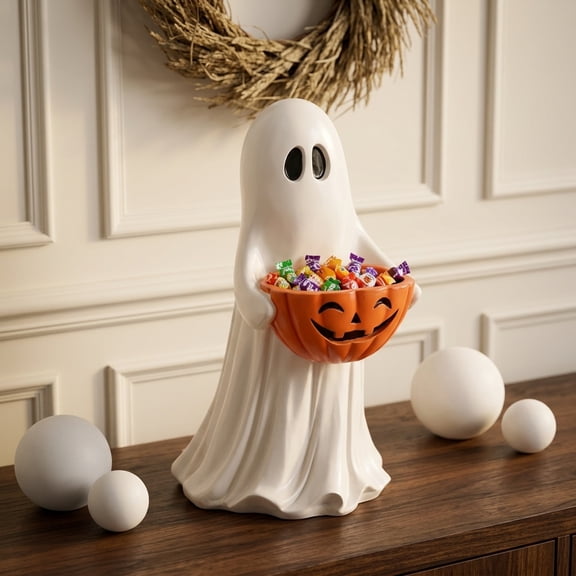 Halloween Candy Bowl,14 Inch Safe Ghost Figurine Pumpkin Treat Holder,Weather‑Resistant Freestanding Statue,Indoor Front Porch Yard Trick‑or‑Treat Snack Table Decor