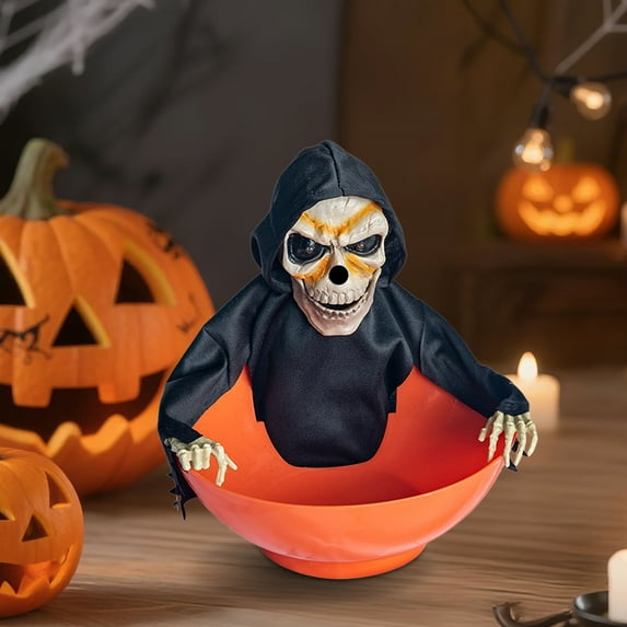 Halloween Candy Bowl, Animated Halloween Candy Bowl, Animated Skull Bowl, Motion-Activated Moving Skeleton Hand with LED Eyes & Sound Effects, Spooky Trick-or-Treat Decor
