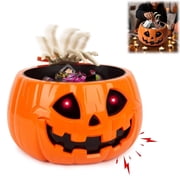 Halloween Candy Bowl, Animated Pumpkin Candy Holder with Moving Skeleton Hand, Creepy Sound, Red Eyes for Halloween Decorations and Trick or Treats