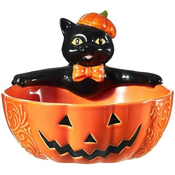 Halloween Candy Bowl, Ceramic Pumpkin Candy Dish, Hand-painted Decorative Bowl for Halloween Home Decor, Office Treats, Party Snacks, 6.5 Inch, 28 Oz
