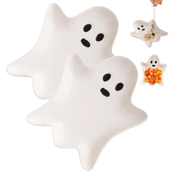 Halloween Candy Bowl Ceramic Serving Tray, Ghost Shaped Dish for Party Snack Display, White Spooky Dessert Platter for Table Decor(2pcs)Q
