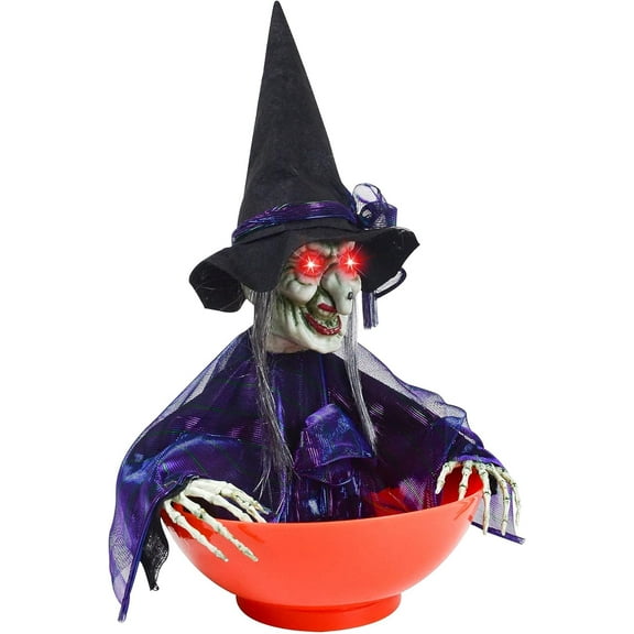 Halloween Candy Bowl Dish Witch Decorations Indoor, Haunted House Home Decor Animatronics Animated LED Lights Eyes, Creepy Scary Sound Activated Trick Or Treat