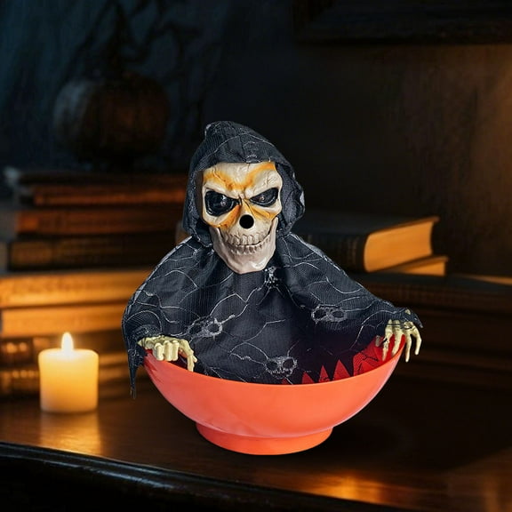 Halloween Candy Bowl,Halloween Candy Dishes Decorative with LED Eyes and Sound,Spooky Motion Activated Skeleton Candy Holder with Screaming Skull and Light up Red Eyes for Halloween Decorations