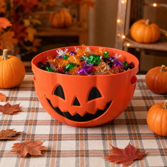Halloween Candy Bowl, Orange Plastic Pumpkin Bowl, Large Capacity Snack Storage for Party Table