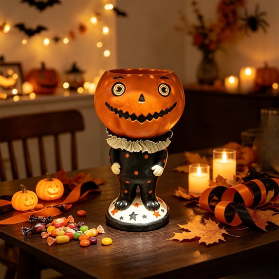 Halloween Pumpkin Skull Candy Bowl, Rotating Face Treat Jar, Spooky Resin Candy Holder with Lid, Trick Or Treat Container for Party Tabletop Home Decor