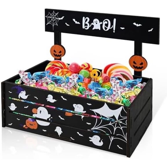 Halloween Candy Bowl Wooden Candy Dish Holders Large Halloween Ghost Pumpkin Candys Bowl Candle Holder Black Serving Bowls Tableware for Halloweens Farmhouse Party Decoration