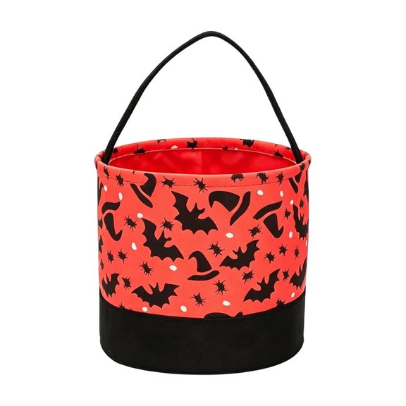 Halloween Candy Bucket 9 Inch Reusable Fabric Tote Bag with Black Bat and Witch Hat Pattern for Fall Home Table Centerpiece and Party Decorations