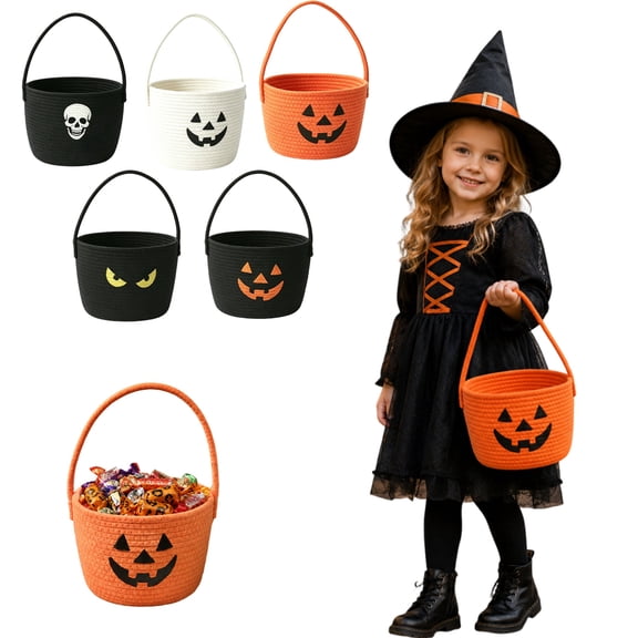 Halloween Candy Bucket 9X7 Inch Cotton Rope Trick Or Treat Bucket Halloween Basket for Student Halloween Party Decor White Pumpkin 1 Pack