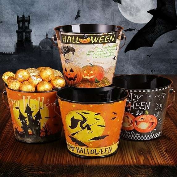 Halloween Candy Bucket Halloween Bucket with Handle for Halloween Steel Trick Candy Buckets for Party Halloween Candy Holder Random Patterns