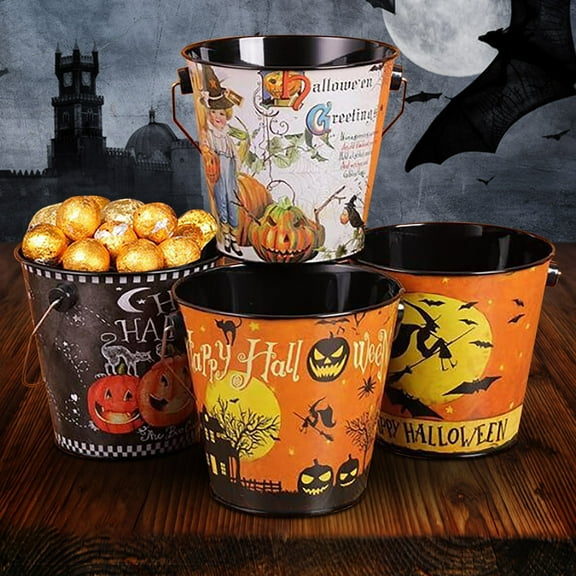 Halloween Candy Bucket Halloween Bucket with Handle for Halloween Steel Trick Candy Buckets for Party Halloween Candy Holder Random Patterns