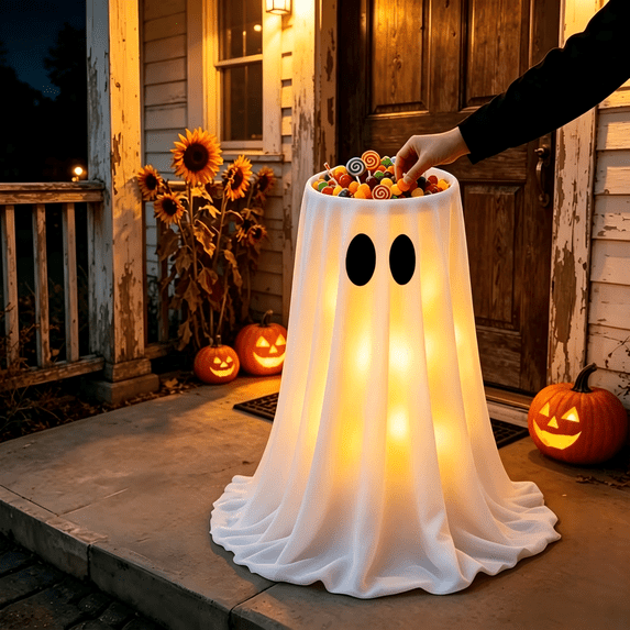 Halloween Candy Bucket, Light Up Ghost Floor Candy Bowl Stand with Remote Control, Large Trick or Treat Candy Holder, Glowing Floor Decor Rack for Halloween Yard Front Door Party Decorations
