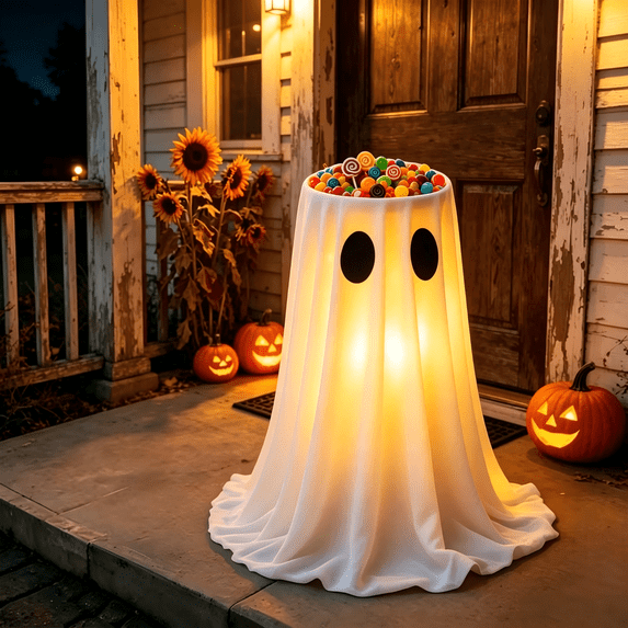 Halloween Candy Bucket, Light Up Ghost Floor Candy Bowl Stand with Remote Control, Large Trick or Treat Candy Holder, Glowing Floor Decor Rack for Halloween Yard Front Door Party Decorations