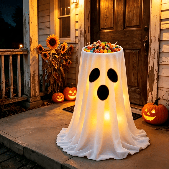 Halloween Candy Bucket, Light Up Ghost Floor Candy Bowl Stand with Remote Control, Large Trick or Treat Candy Holder, Glowing Floor Decor Rack for Halloween Yard Front Door Party Decorations