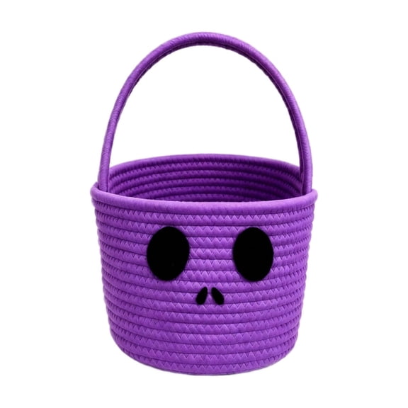 Halloween Candy Bucket, Trick Or Treat Basket, Halloween Boo Basket, Woven Storage Basket for Student, Purple Cotton Rope Halloween Pail, 9X7X6 Inch Reusable Basket for Storage of
