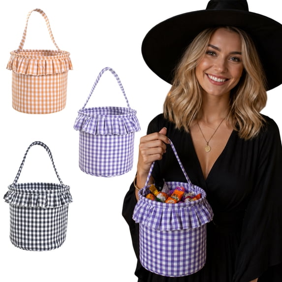 Halloween Candy Bucket Trick Or Treat Bucket 9X9X8 Inch Orange Plaid Halloween Basket Halloween Party Favors for Student Reusable Tote Bag for Halloween Decor 1 Pack