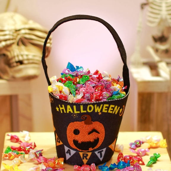 Halloween Candy Bucket, Trick Or Treat Bucket, Small Bucket with Handle, Cute Halloween Decor, Durable Fabric Handheld Carry Bag with Playful Winking Pumpkin Pattern for Student '