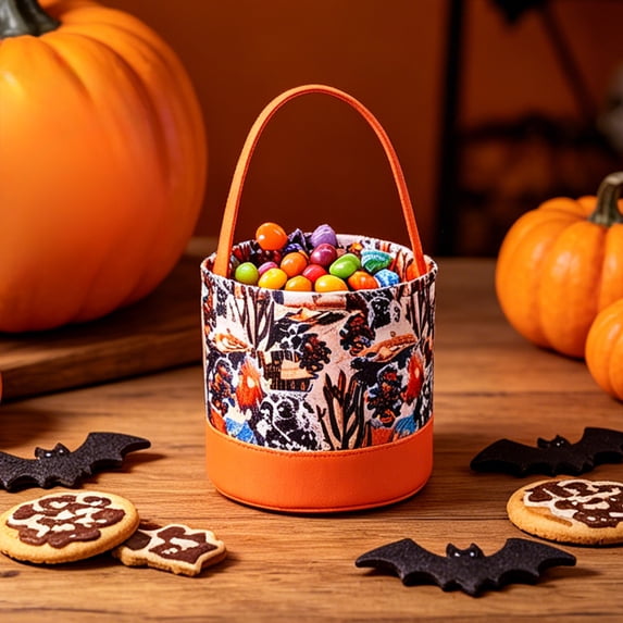 Halloween Candy Bucket Trick or Treat Pail,Contains Diverse Halloween Classic Motifs,Portable Fabric Handle for Halloween Party Props Favors Bags
