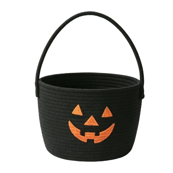Halloween Candy Bucket Woven Trick Or Treat Basket Jack O Lantern Design Cotton Rope Bucket for Party Favors and Halloween Decor A
