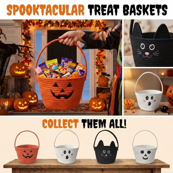Halloween Candy Carry Pouch, Halloween Basket, Pumpkin Trick Or Treat Bucket Alternative Cute Ghost Tote, Woven Basket with Easy Grip Handle, 9X7X14 in Lightweight Cotton Rope