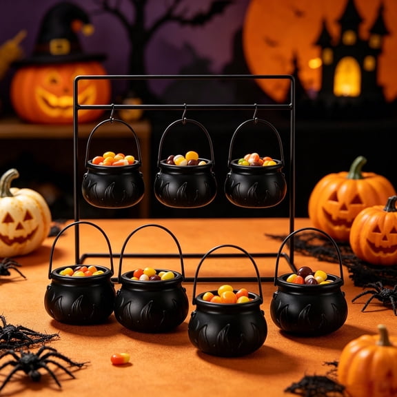 Halloween Candy Cauldron Bucket with Handle, 3 Pack Witch Cauldron Candy Holder with Lid, Mini Black Cauldron Kettle for Trick or Treat, Party Decor, and Spooky Home Display
