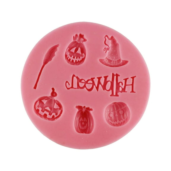 Halloween Candy Chocolate Molds 3D, 7-Cavity Halloween Silicone Molds Shaped with Skull Pumpkin Broom Witch Hat for Baking Jelly Chocolate Gummy Dessert-Pink-1 Pcs
