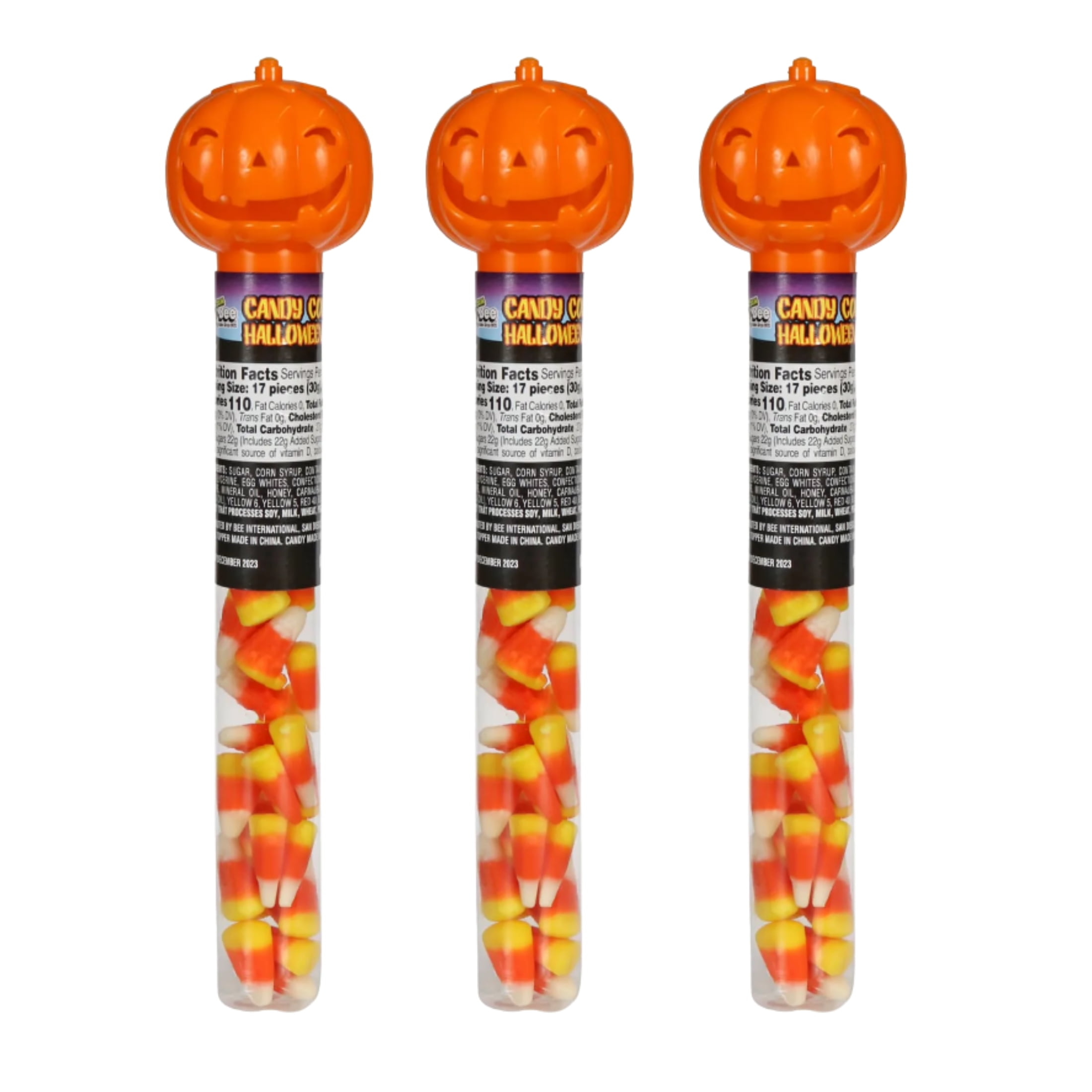 Halloween Candy Corn Candy Tubes Pumpkin Toppers, 1.4oz Jack O Lantern Cute Party Favors Goodies Bag Filler Trick or Treats Classroom Exchange Gift Autumn Fall Fun & Festive Holiday Giveaways Set of 3