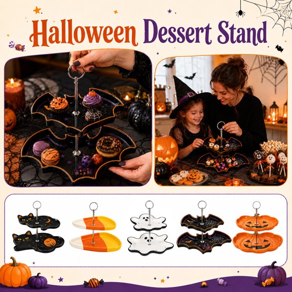 Halloween Candy Corn Food Stand 2 Tier Plastic Snack Rack Party Treats Display Cupcake Server Festive Table Centerpiece Decor for Kids Holiday Gathering Easy Clean 11.8 Inch