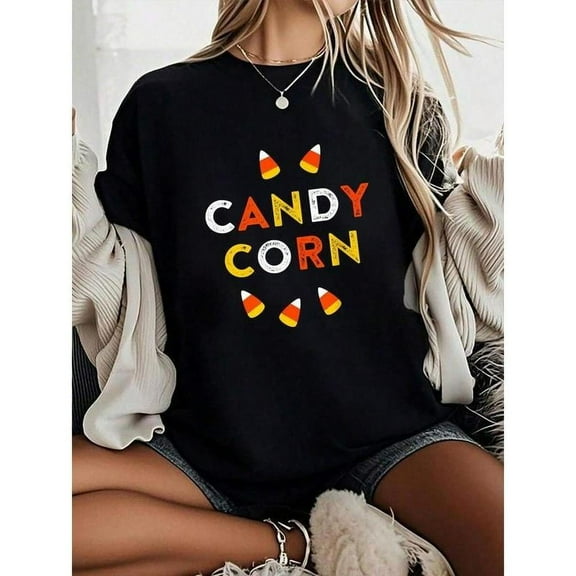 Halloween Candy Corn Print T Shirts for Women Casual Graphic Tees Cotton for Daily Wear Tops
