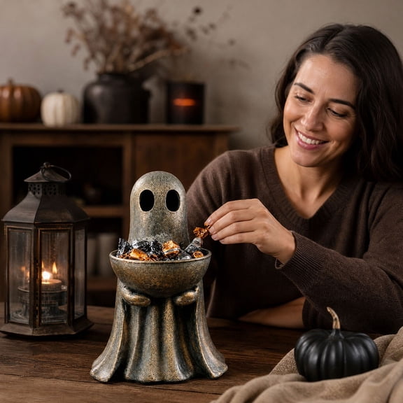 Halloween Candy Dish Cute Ghost,7.8*10 In Vintage Gold Resin Ghost Candy Bowl Holder,MultiPurpose Treat Holder,for Halloween Gathering,Fall Desktop and Porch Display Decor