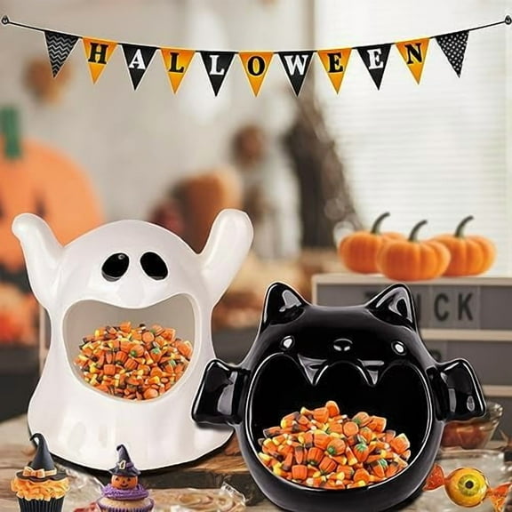 Halloween Candy Dish Holder 2PCS Halloween Candy Bowls Ghost Ceramic Bowl Candle Holder Tableware Decorations for Halloween Tiered Tray Ornament Home Decor