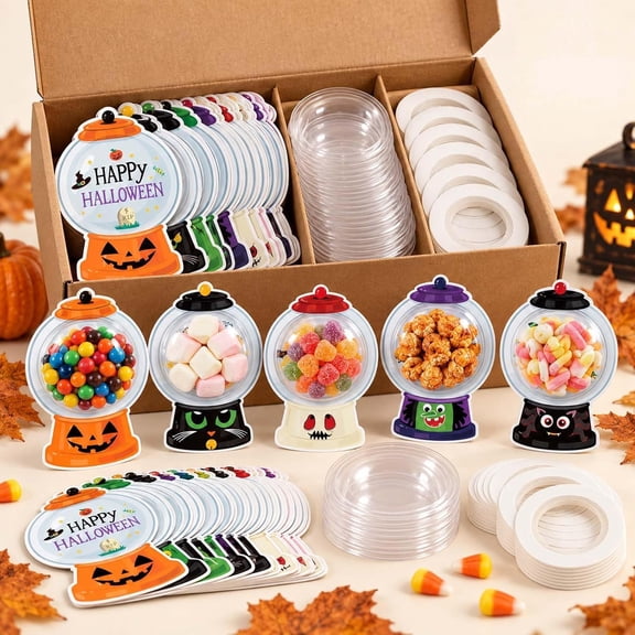 Halloween Candy Dome Kit 24 Pcs DIY Clear Plastic Holders with Spooky Cardstock Cards for Party Favors Handouts(Does not contain candy)