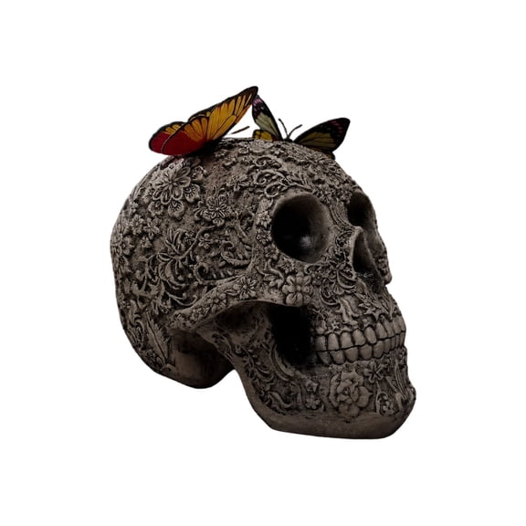 Halloween Candy Floral Carved Skull With Butterflies Gothic Skull Statue Resin Halloween Skeleton Figurine For Home Tabletop Day Of The Dead Decor