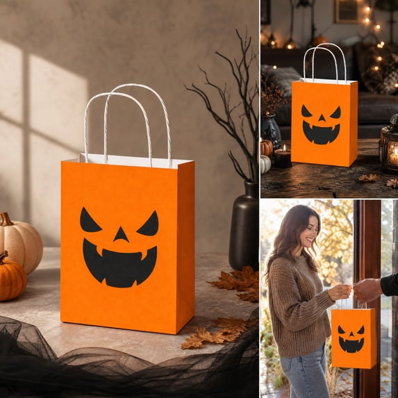 Halloween Candy Gift Bags,Pumpkin Style Kraft Paper Candy Goodie Bags with Handle,Perfect for Candy,Treats,and Party Favors
