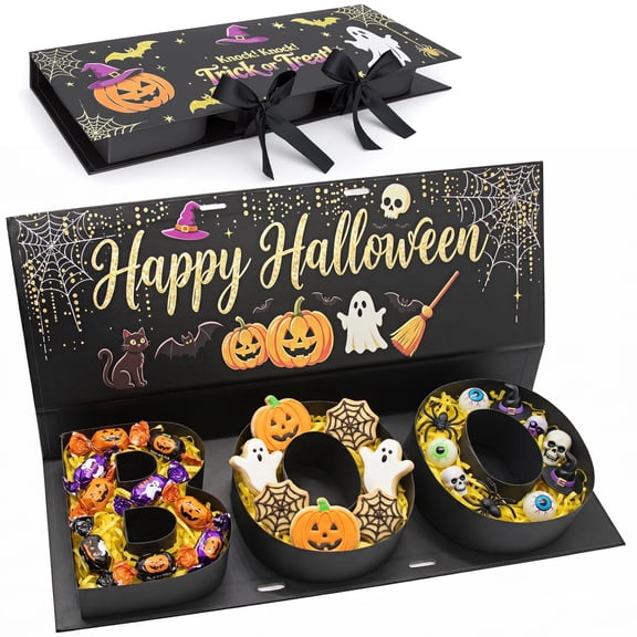Halloween Candy Gift Box, BOO Letter Shaped DIY Fillable with Ribbon Raffia | Halloween Surprise Box Reusable Halloween Treat Box for Trick-or-Treat, Neighbor Gifts, DIY Candy & Favor Gifts Ideas Box