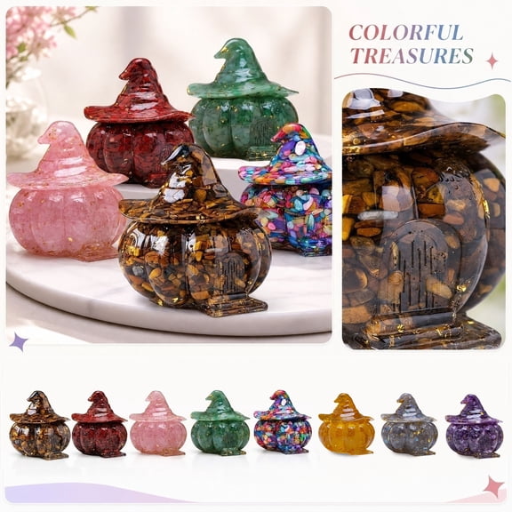 Halloween Candy Jar, Halloween Party Decor, Home Decor, Decorative Storage, 4X4 Inch Orange Crushed Crystal Resin Pumpkin House Shaped Jar with Witch Hat Lid, Functional Halloween