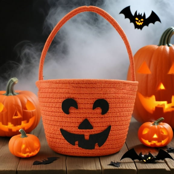 Halloween Candy Rope Basket - Spooky Pumpkin Treat Bucket for Kids, Cute Lantern Bag for Trick or Treating, Durable Handheld Storage Organizer for Boys & Girls, 18x15 Inches