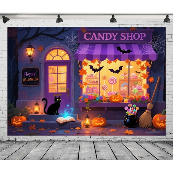Halloween Candy Shop Backdrop Magic Bat Spider Web Maple Leaves Background Party Supply for Kids Halloween Pumpkin Lantern Night Theme Party Decorations Banner