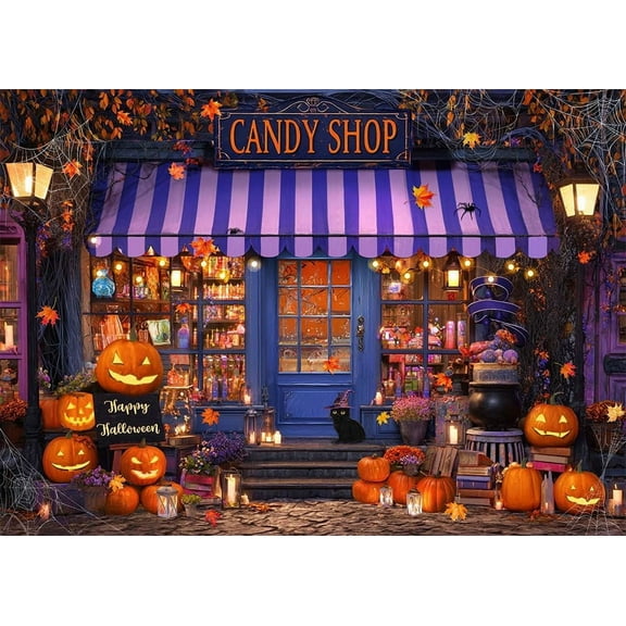Halloween Candy Shop Backdrop Pumpkin Lantern Night Party Decorations Purple Magic Witch Background Banner for Photography Party Supplies