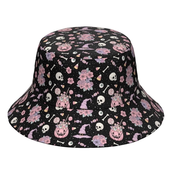 Halloween Candy Skull Black Pattern Bucket Hat, Beach Bucket Hat with Wide Brim & Breathable Fabric, Polyester Twill Gifts for Unisex Men Women