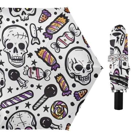 Halloween Candy Skull Star Compact Sun Umbrella Windproof Travel Umbrellas for Rain Strong Portable UV Protection