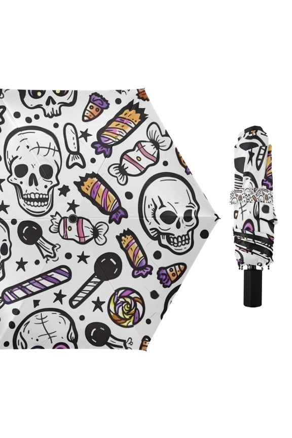 Halloween Candy Skull Star Compact Sun Umbrella Windproof Travel Umbrellas for Rain Strong Portable UV Protection
