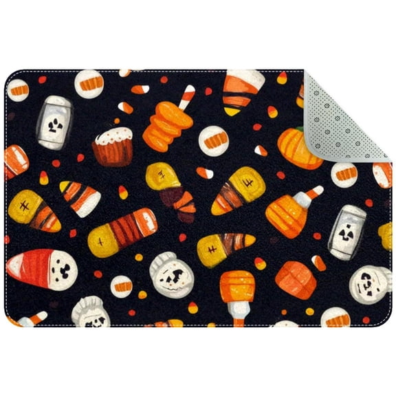 Halloween Candy Sweets Black Background Small Area Rug, Non-Slip Door Mat Indoor Floor Mat, Washable Kitchen Rug Entrance DMat for Bedroom Living Room