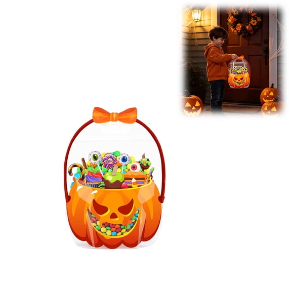 Halloween Candy Treat Bags With Handles, Cauldron & Pumpkin Shaped Clear Zipper Goodie Pouches, Trick‑Or‑Treat Gift Bags For Holiday Party Favors(Orange)
