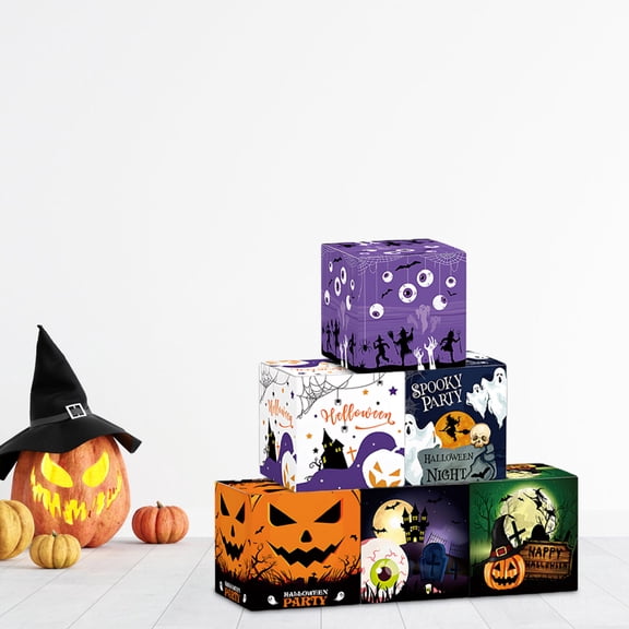 Halloween Candy Treat Boxes Castle House Mini Party Favor Box, Small Paperboard Gift Container for Holiday Cookie Goodie Snack Packaging, Printed Pumpkin Ghost Spider Web Patterns for Table Decor
