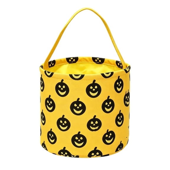 Halloween Canvas Candy Collection Basket Storage Bin with Bat and Spider Print Durable Handle for Trick or Treating and Home Organization, Yellow