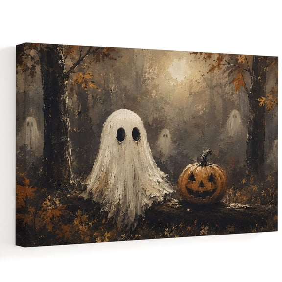Halloween Canvas Wall Art 18" x 12" Vintage Forest Ghost Pumpkin Frame Picture Prints, Ready to Hang Waterproof Artwork Decor for Living Room, Bedroom, Office Hallway