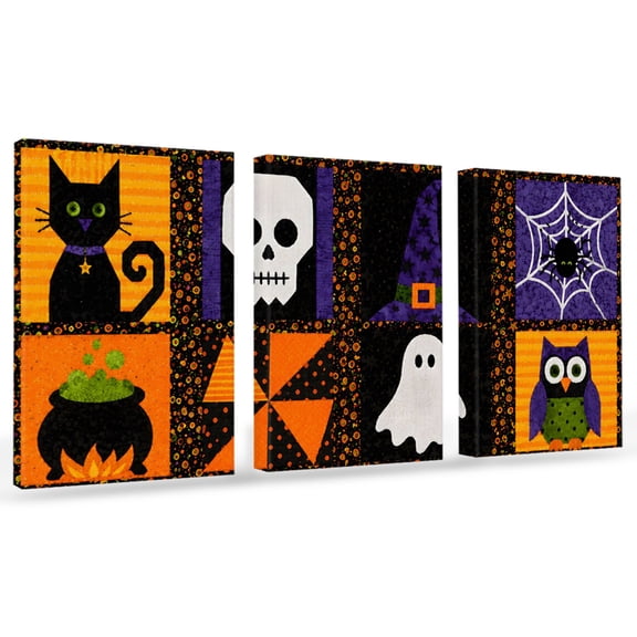 Halloween Canvas Wall Art 3 Panels, Retro Spooky Black Cat Skull Witch Hat Spiderweb Corn Framed Wall Decor Modern Artwork Prints Painting for Living Room, Bedroom, Kitchen & Cafe Decor 16" x 20"