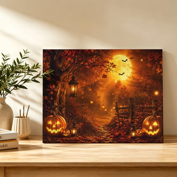 Halloween Canvas Wall Art, Autumn Harvest Carved Pumpkins Maple Orange Moon Wall Art Prints Artwork Framed Canvas Ready to Hang Art Pictures for Bathroom Bedroom Entry Desk Corner 10" x 8"