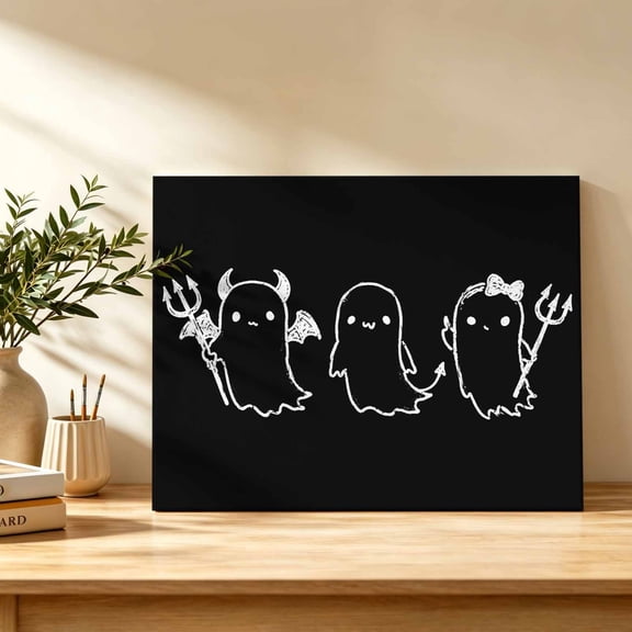 Halloween Canvas Wall Art, Black Cartoon Line Spooky Devil Ghosts Minimalist Wall Art Prints Artwork Framed Canvas Ready to Hang Art Pictures for Bathroom Bedroom Entry Desk Corner 10" x 8"