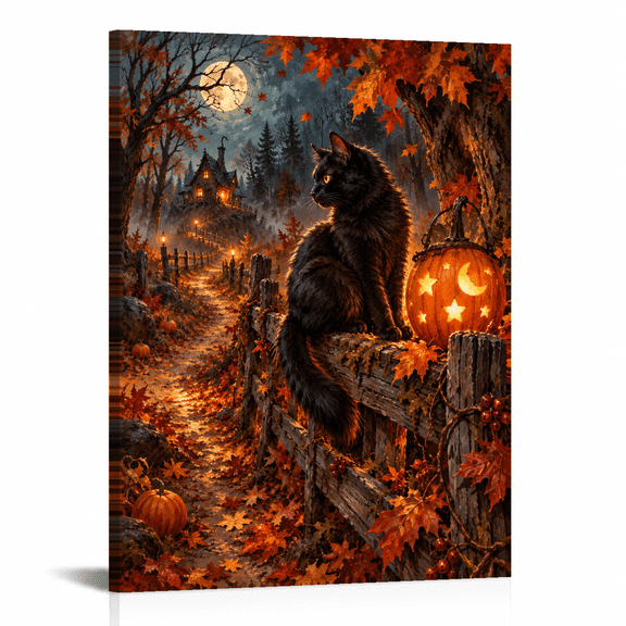Halloween Canvas Wall Art, Black Cat Pumpkin Fall Scene, Warm Orange Black, 12 X 16 Inch